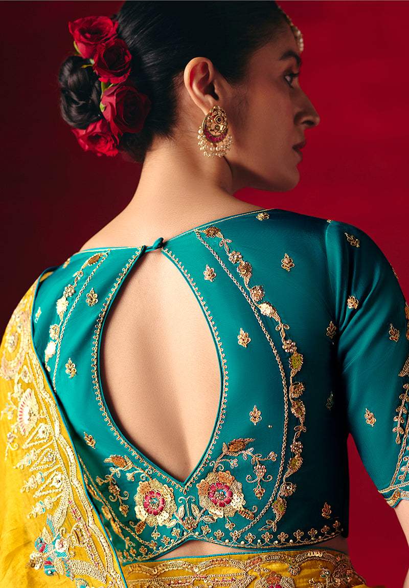 Yellow Fancy Fabric Embroidered Thread Work Classic Saree - Monjolika Fashion