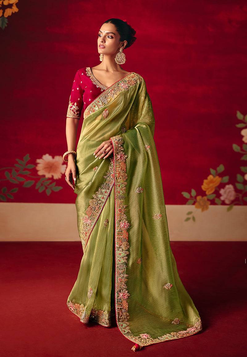 Green Fancy Fabric Embroidered Thread Work Classic Saree - Monjolika Fashion