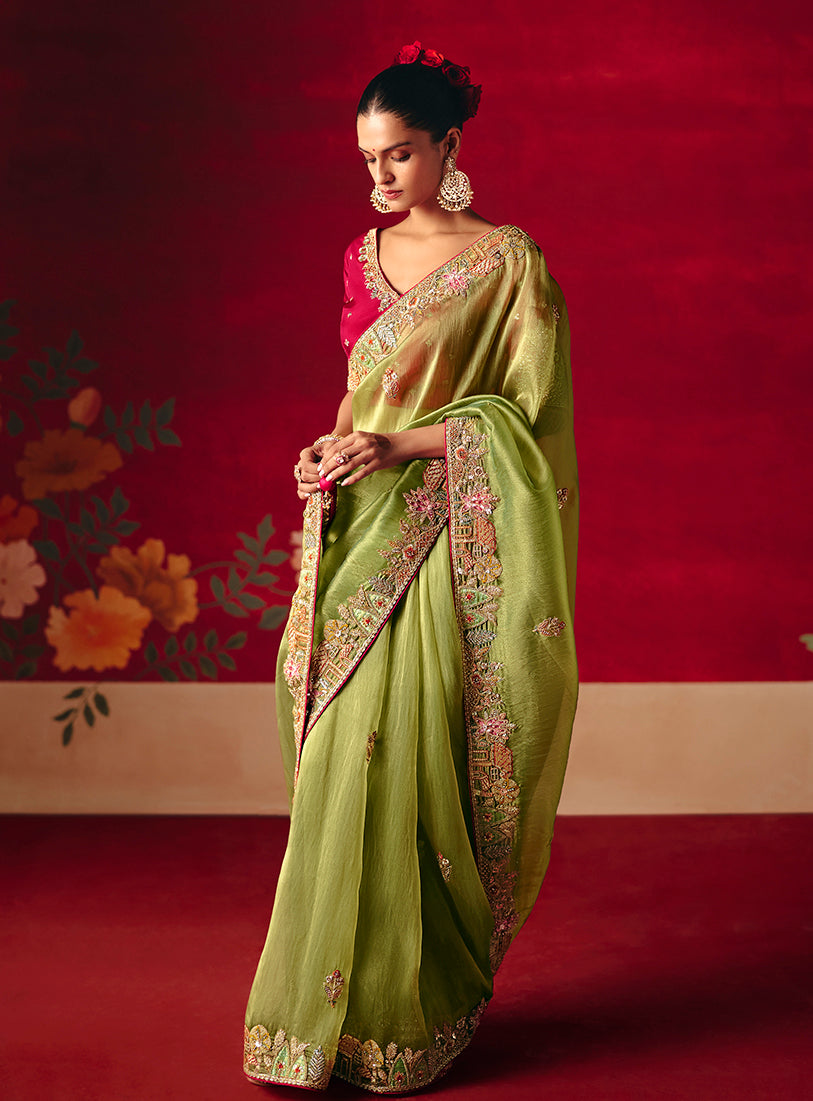 Green Fancy Fabric Embroidered Thread Work Classic Saree - Monjolika Fashion
