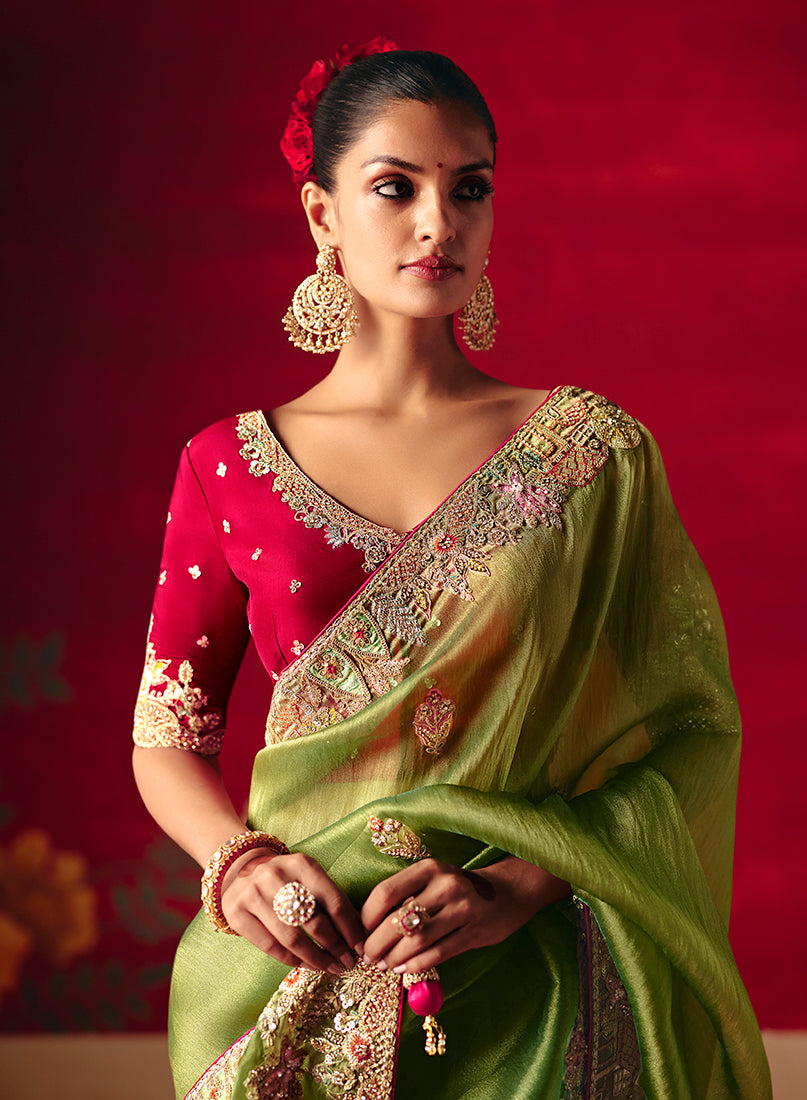 Green Fancy Fabric Embroidered Thread Work Classic Saree - Monjolika Fashion