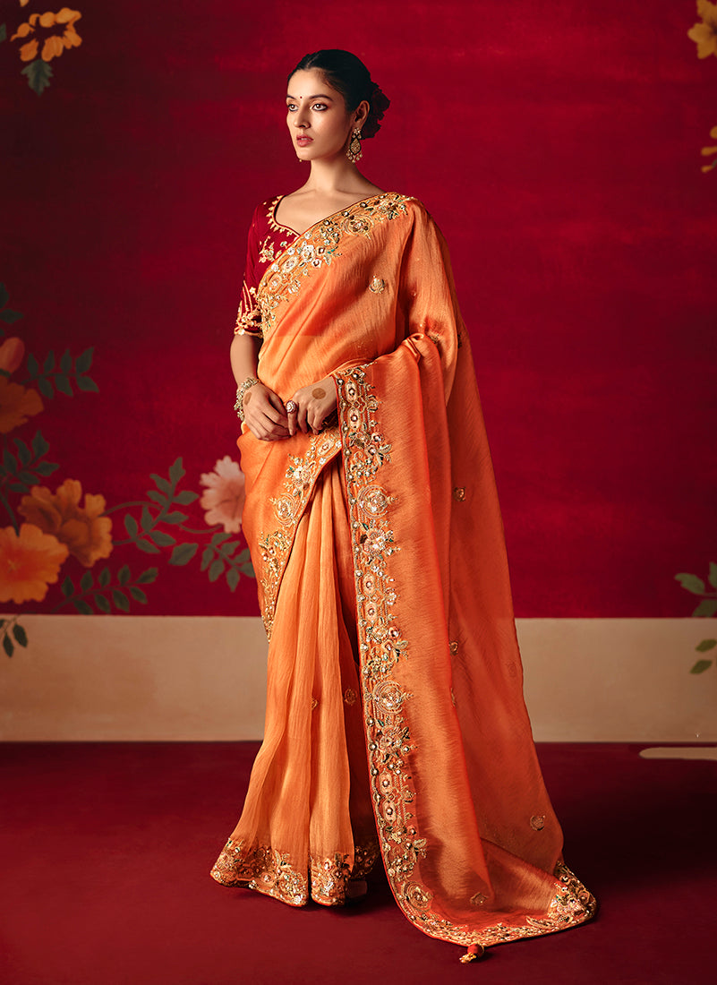 Rust Fancy Fabric Embroidered Thread Work Classic Saree - Monjolika Fashion
