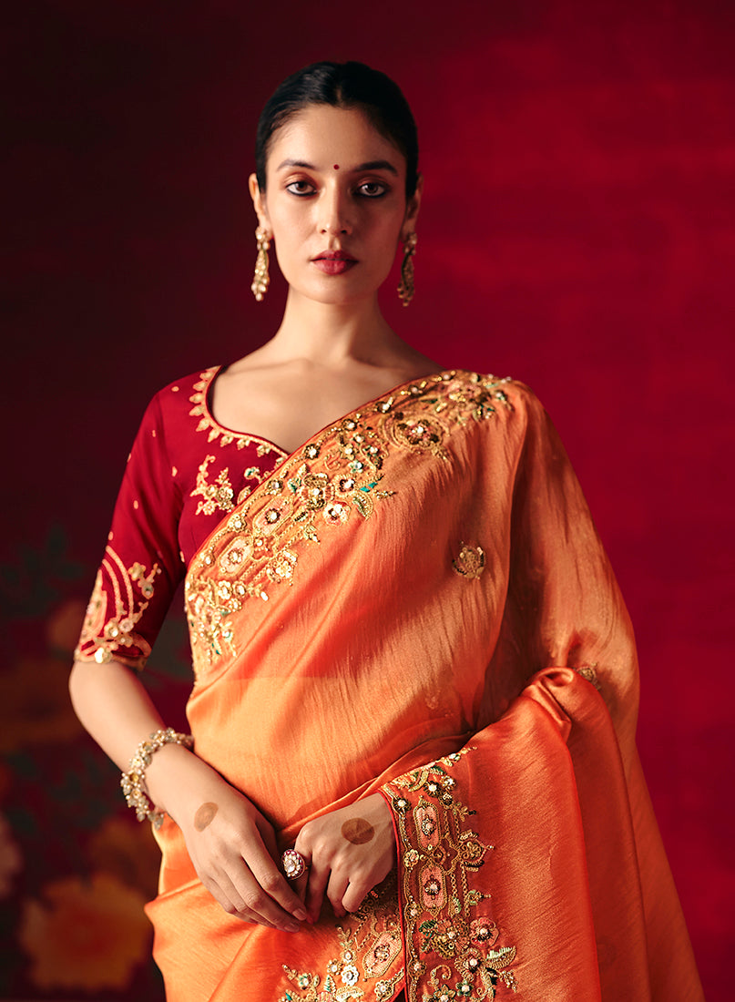 Rust Fancy Fabric Embroidered Thread Work Classic Saree - Monjolika Fashion