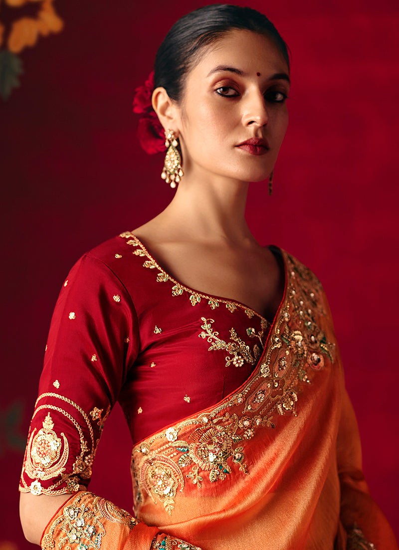 Rust Fancy Fabric Embroidered Thread Work Classic Saree - Monjolika Fashion
