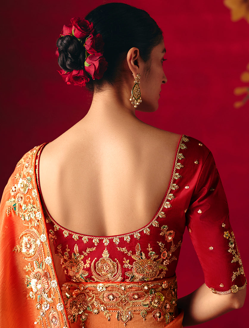 Rust Fancy Fabric Embroidered Thread Work Classic Saree - Monjolika Fashion