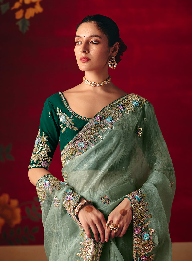 Sea Green Fancy Fabric Embroidered Thread Work Classic Saree - Monjolika Fashion