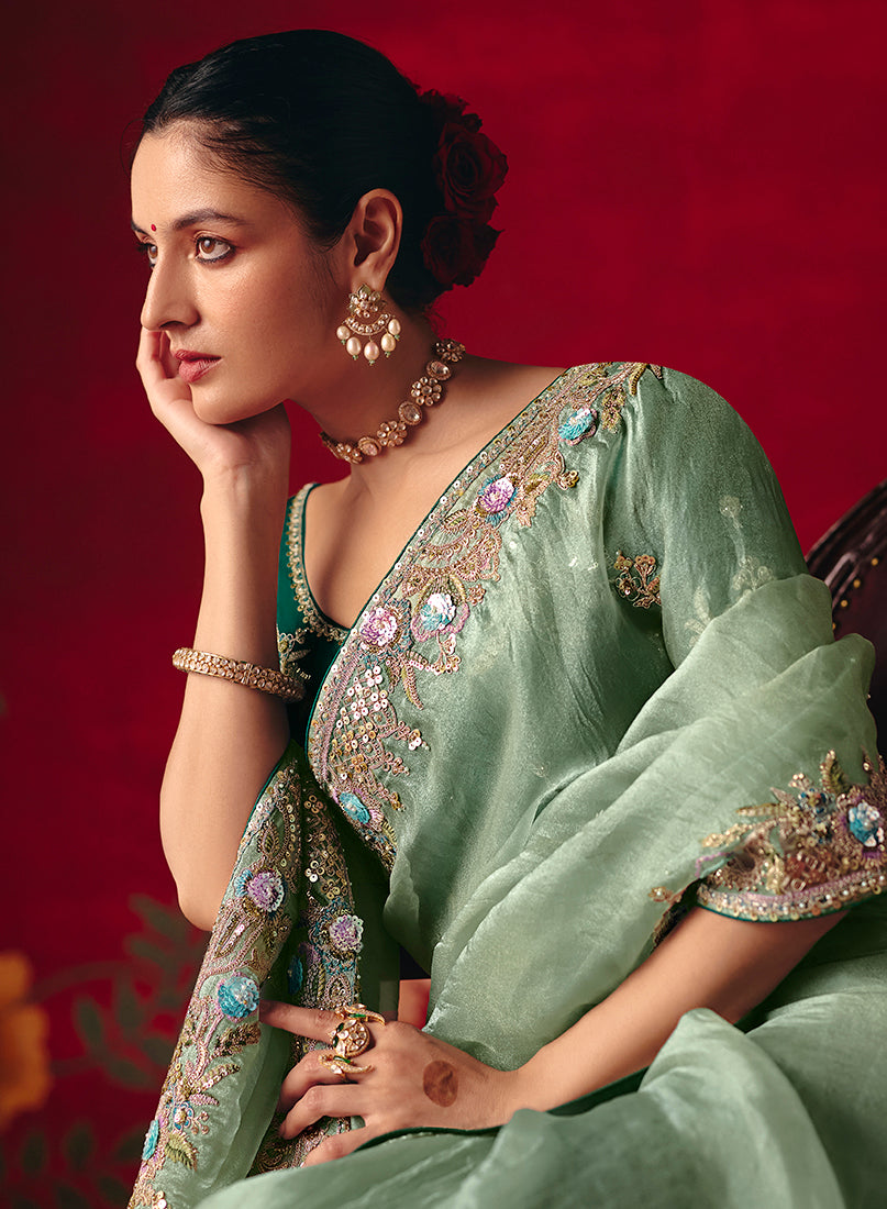 Sea Green Fancy Fabric Embroidered Thread Work Classic Saree - Monjolika Fashion