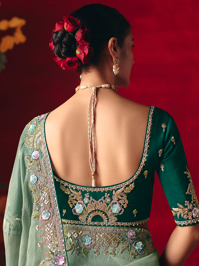 Sea Green Fancy Fabric Embroidered Thread Work Classic Saree - Monjolika Fashion