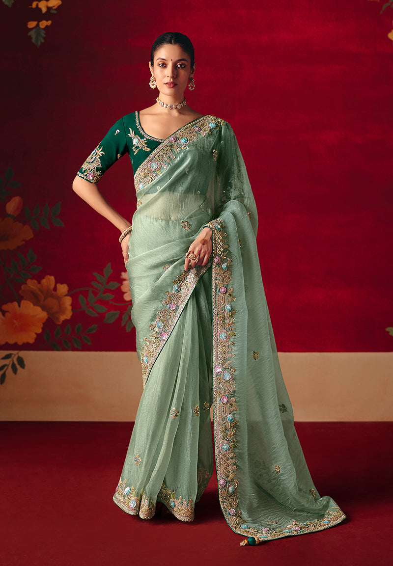 Sea Green Fancy Fabric Embroidered Thread Work Classic Saree - Monjolika Fashion