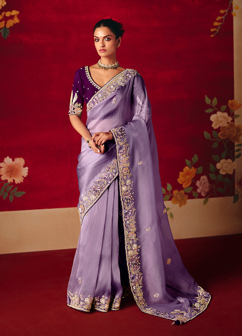 Lavender Fancy Fabric Embroidered Thread Work Classic Saree - Monjolika Fashion