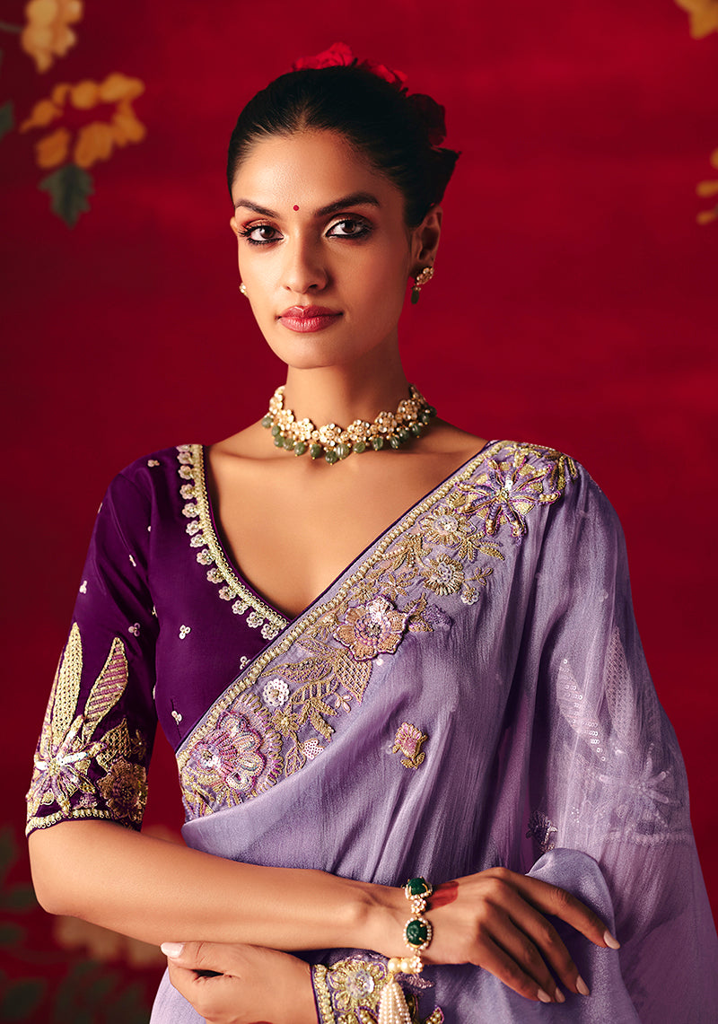 Lavender Fancy Fabric Embroidered Thread Work Classic Saree - Monjolika Fashion
