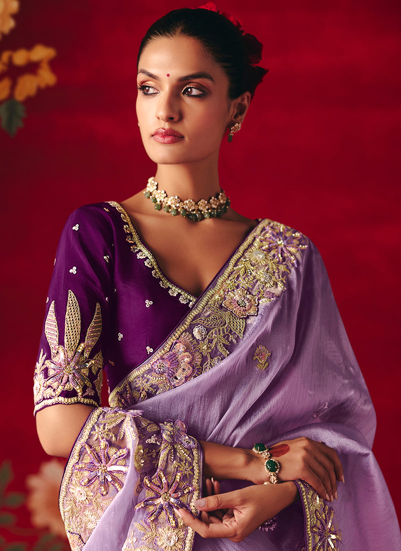 Lavender Fancy Fabric Embroidered Thread Work Classic Saree - Monjolika Fashion