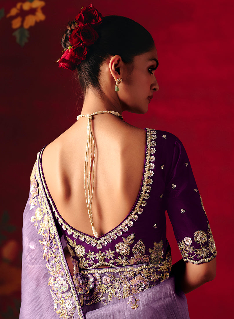 Lavender Fancy Fabric Embroidered Thread Work Classic Saree - Monjolika Fashion