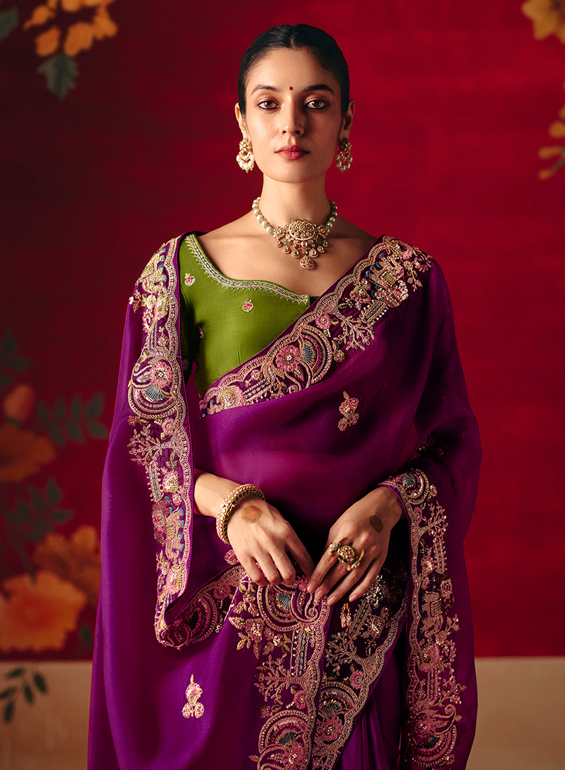 Purple Fancy Fabric Embroidered Thread Work Classic Saree - Monjolika Fashion