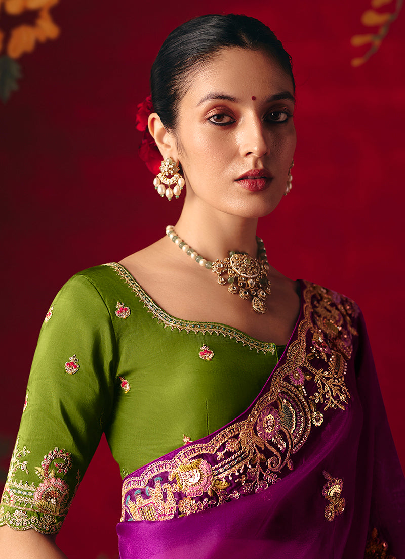 Purple Fancy Fabric Embroidered Thread Work Classic Saree - Monjolika Fashion