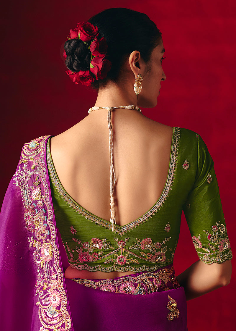 Purple Fancy Fabric Embroidered Thread Work Classic Saree - Monjolika Fashion