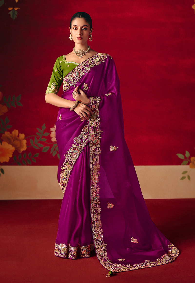 Purple Fancy Fabric Embroidered Thread Work Classic Saree - Monjolika Fashion