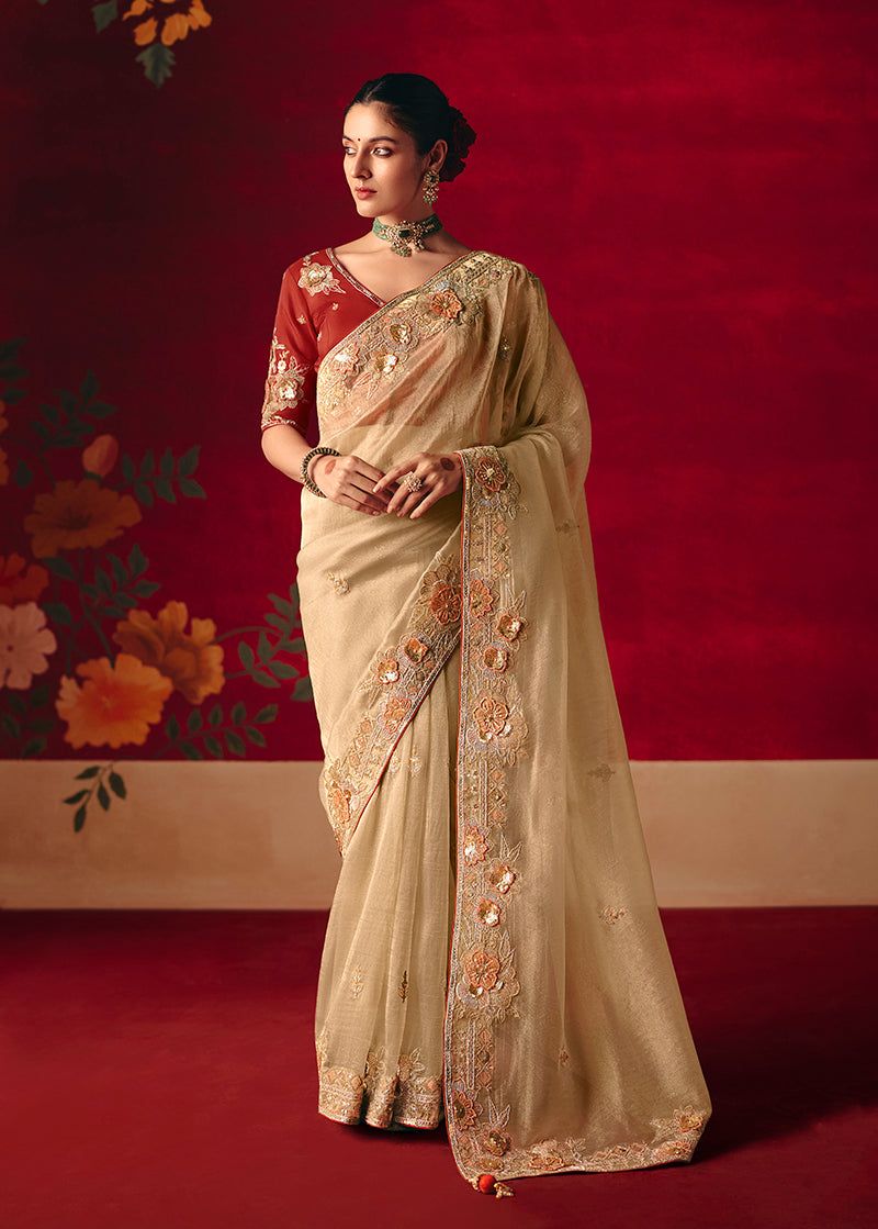 Beige Fancy Fabric Embroidered Thread Work Classic Saree - Monjolika Fashion