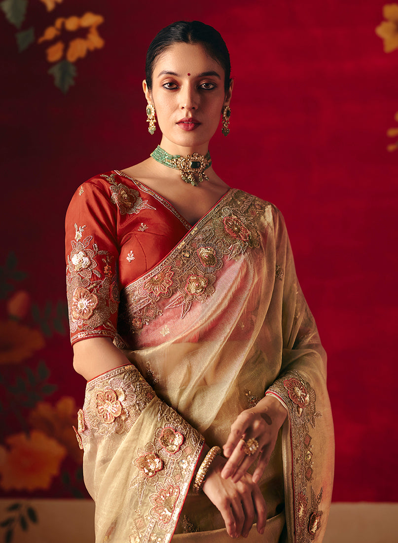 Beige Fancy Fabric Embroidered Thread Work Classic Saree - Monjolika Fashion