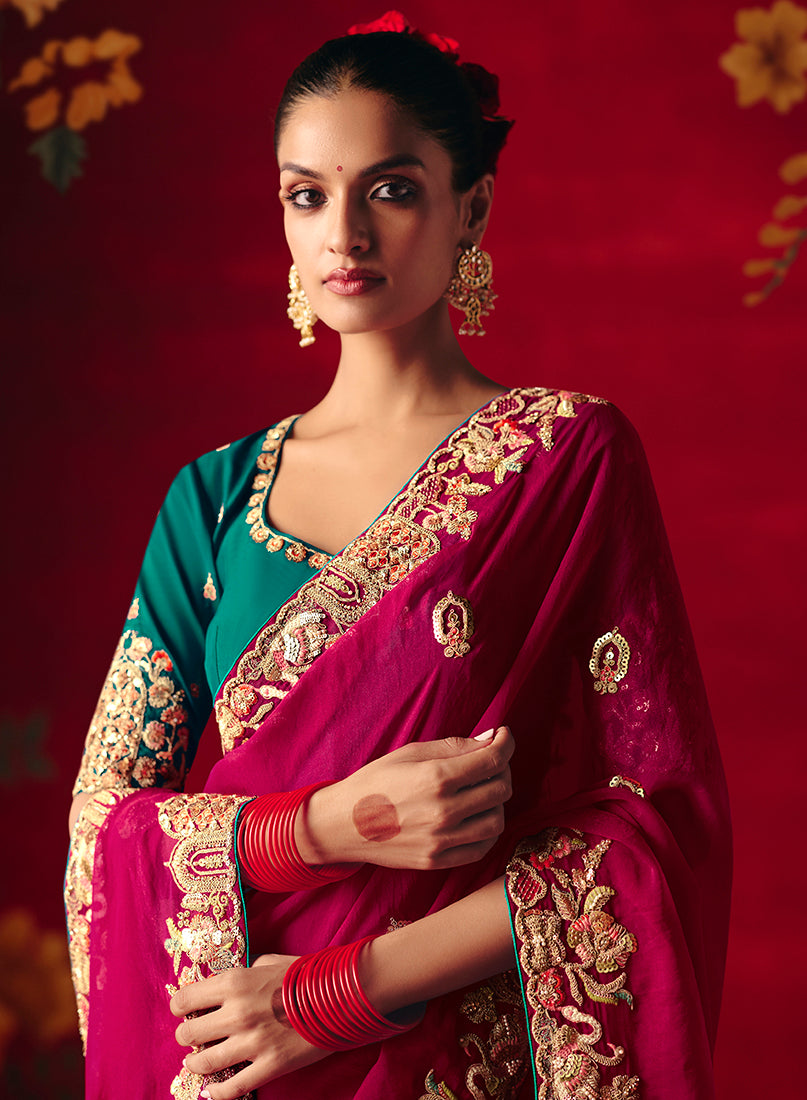 Rani Pink Fancy Fabric Embroidered Thread Work Classic Saree - Monjolika Fashion