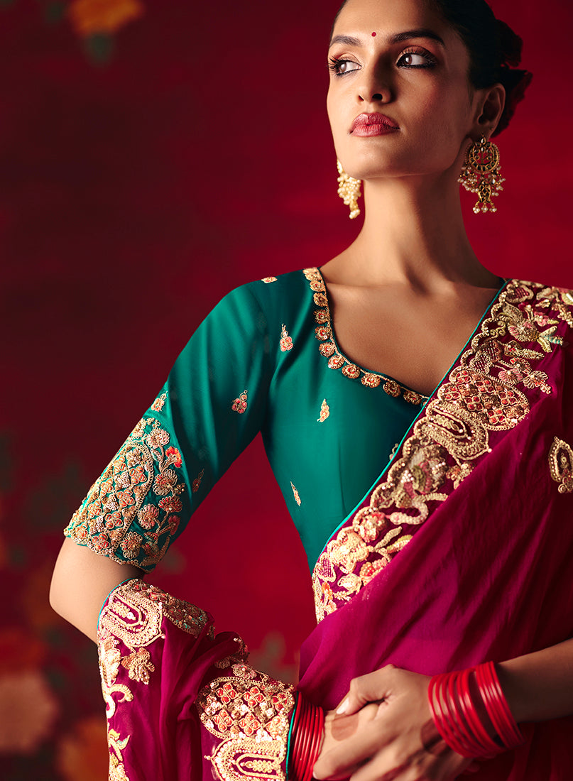 Rani Pink Fancy Fabric Embroidered Thread Work Classic Saree - Monjolika Fashion