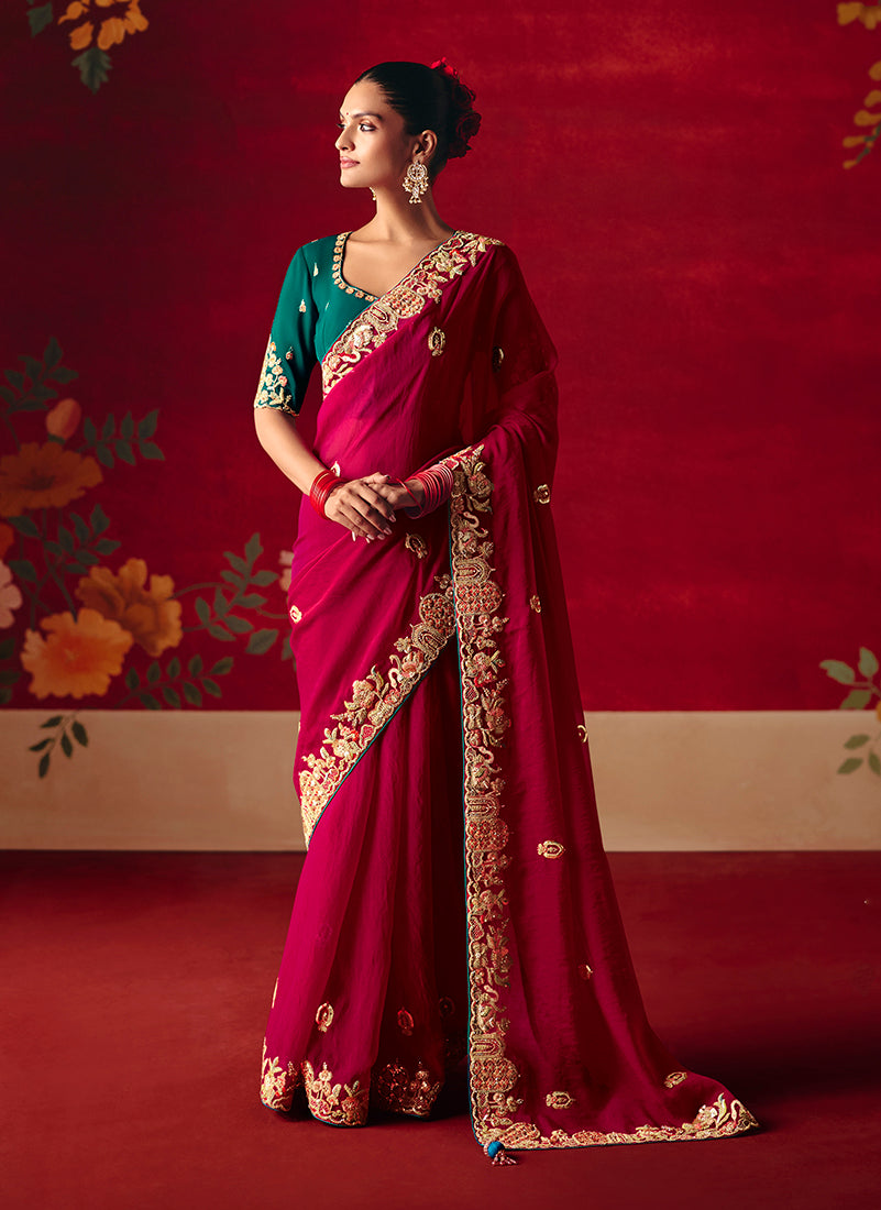 Rani Pink Fancy Fabric Embroidered Thread Work Classic Saree - Monjolika Fashion