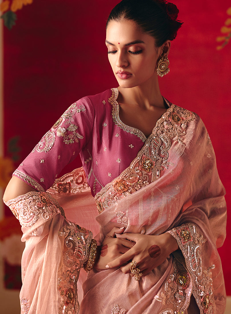 Light Pink Fancy Fabric Embroidered Thread Work Classic Saree - Monjolika Fashion