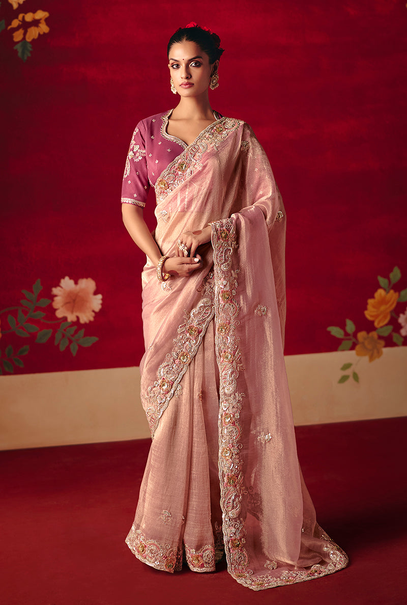 Light Pink Fancy Fabric Embroidered Thread Work Classic Saree - Monjolika Fashion
