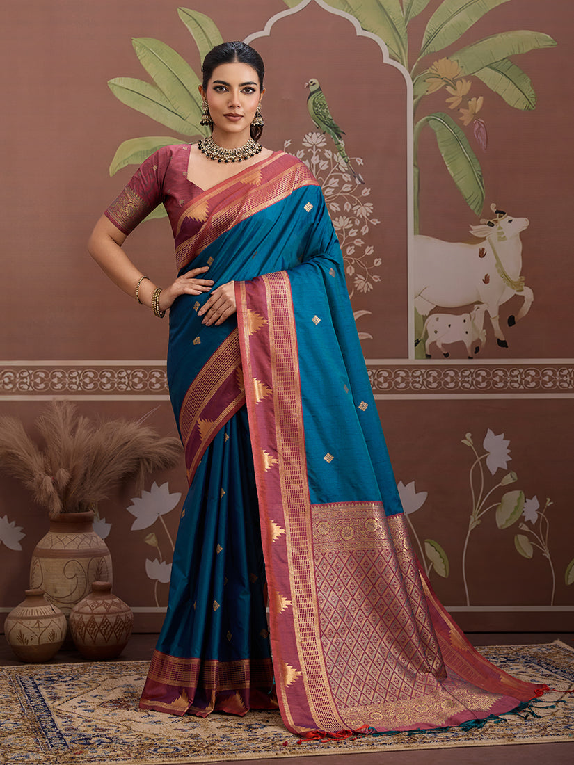 Teal Blue Weaving Work Tussar Silk Saree - Monjolika Fashion