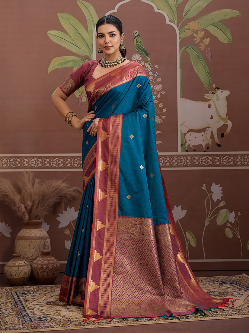 Teal Blue Weaving Work Tussar Silk Saree - Monjolika Fashion