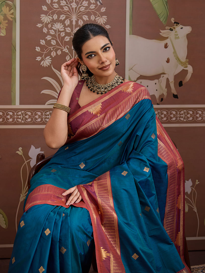 Teal Blue Weaving Work Tussar Silk Saree - Monjolika Fashion