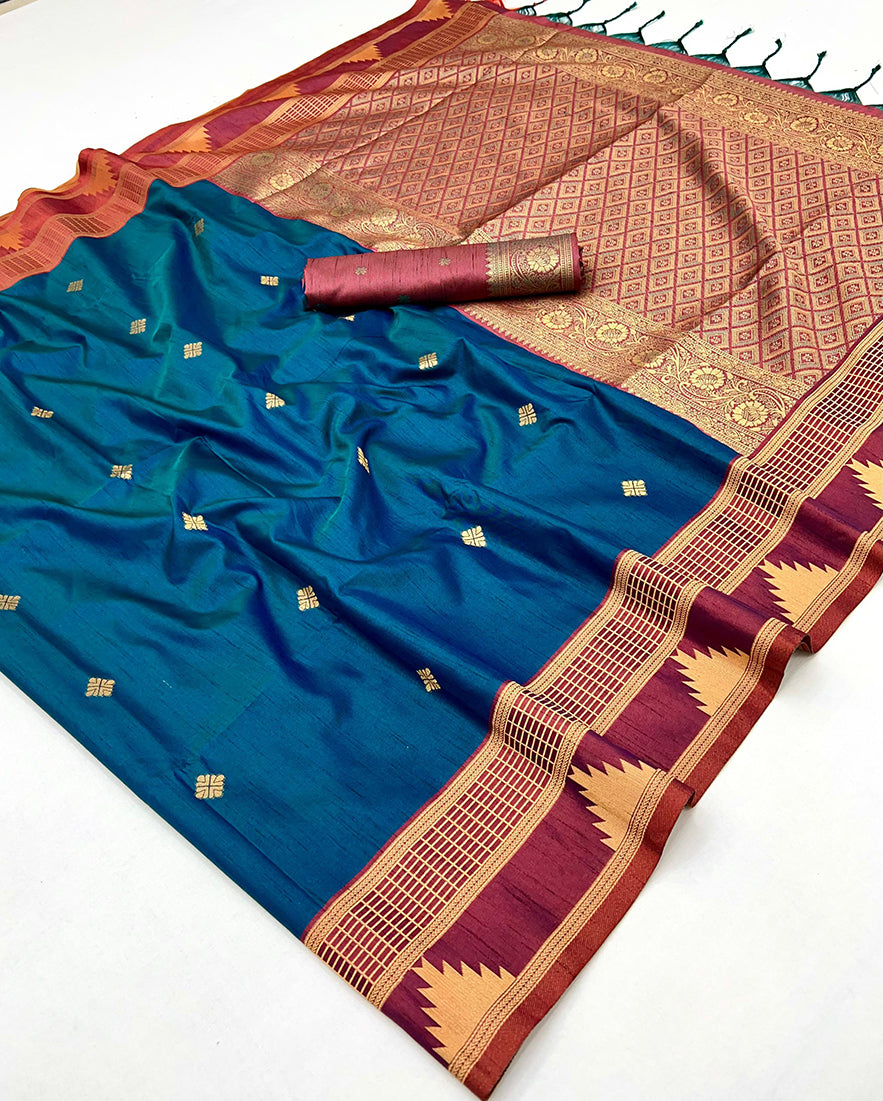 Teal Blue Weaving Work Tussar Silk Saree - Monjolika Fashion
