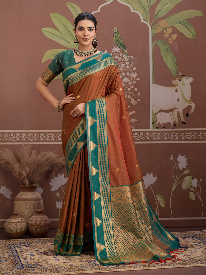 Rust Weaving Work Tussar Silk Saree - Monjolika Fashion