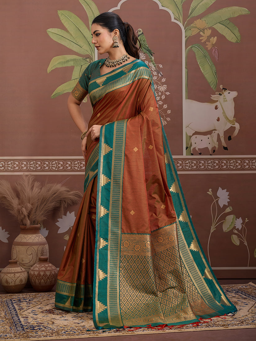 Rust Weaving Work Tussar Silk Saree - Monjolika Fashion