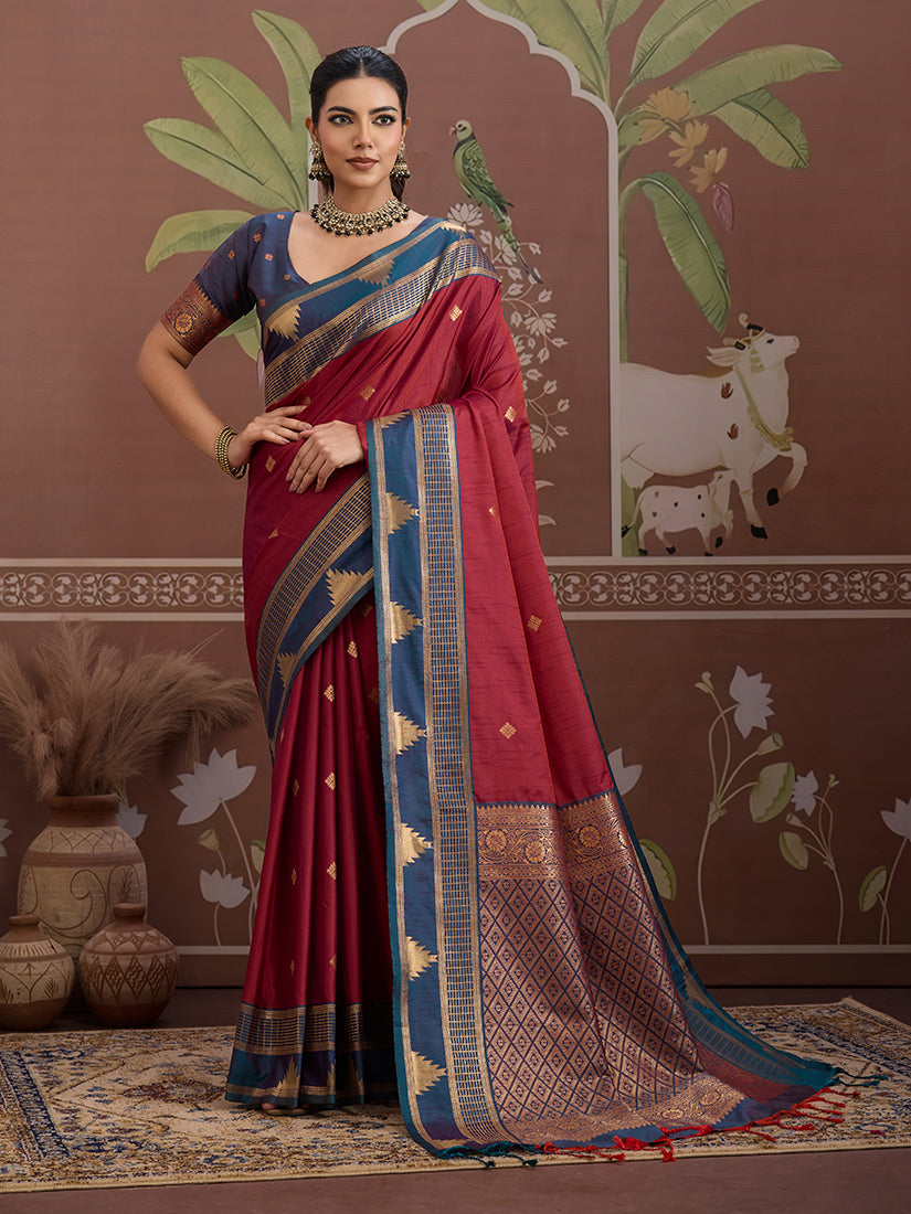 Maroon Weaving Work Tussar Silk Saree - Monjolika Fashion