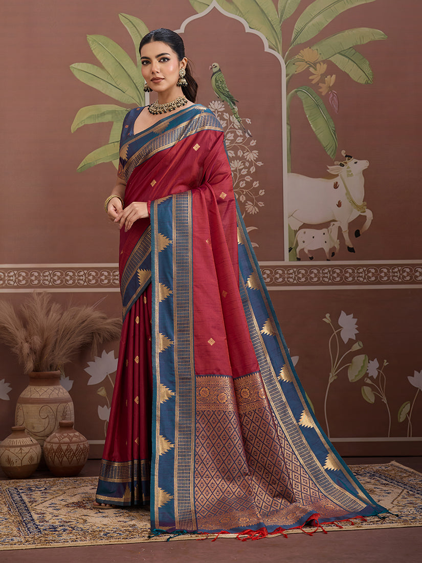 Maroon Weaving Work Tussar Silk Saree - Monjolika Fashion