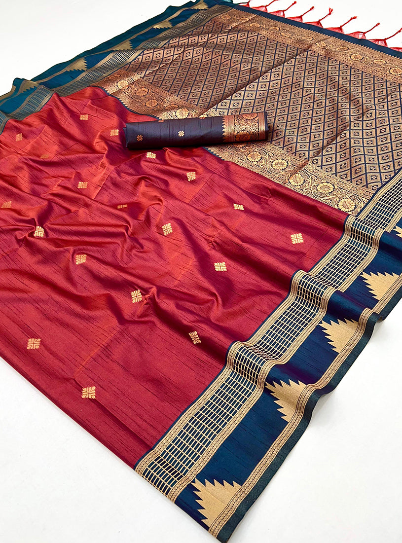 Maroon Weaving Work Tussar Silk Saree - Monjolika Fashion
