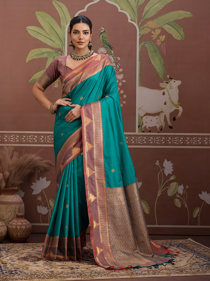 Turquoise Weaving Work Tussar Silk Saree - Monjolika Fashion
