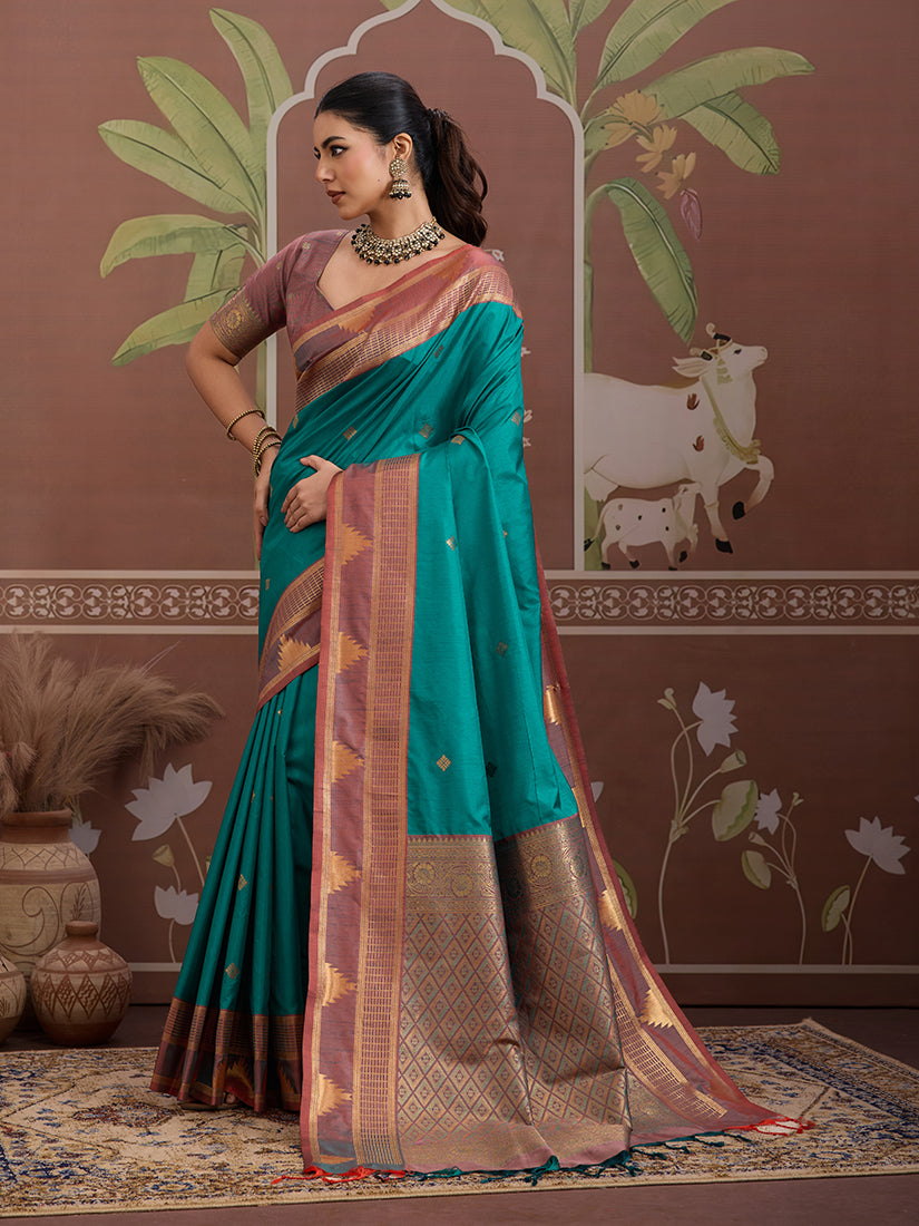 Turquoise Weaving Work Tussar Silk Saree - Monjolika Fashion