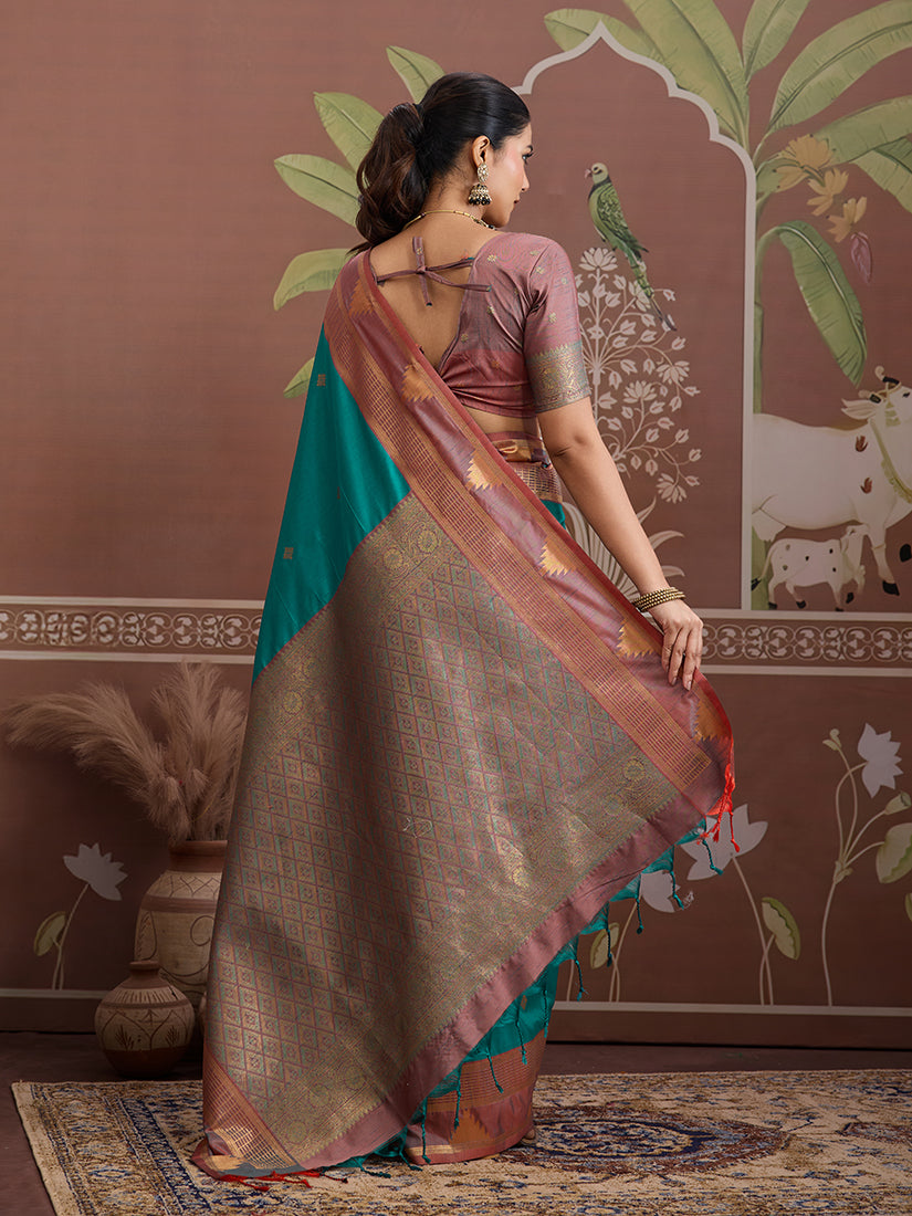 Turquoise Weaving Work Tussar Silk Saree - Monjolika Fashion