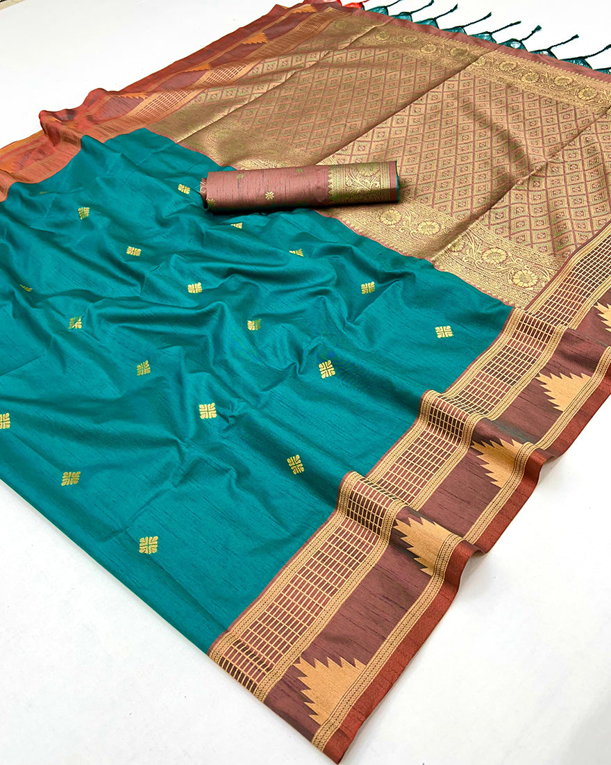 Turquoise Weaving Work Tussar Silk Saree - Monjolika Fashion