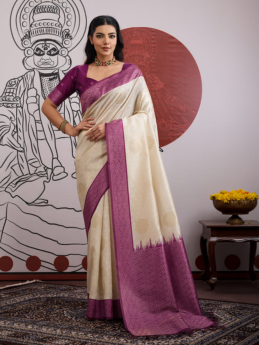 Cream and Wine Handloom Silk Blend Saree - Monjolika Fashion