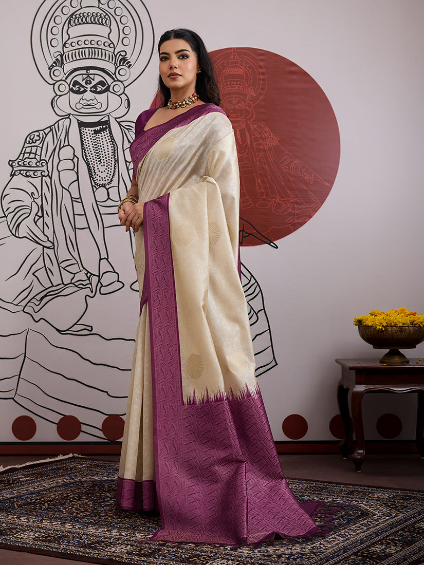 Cream and Wine Handloom Silk Blend Saree - Monjolika Fashion