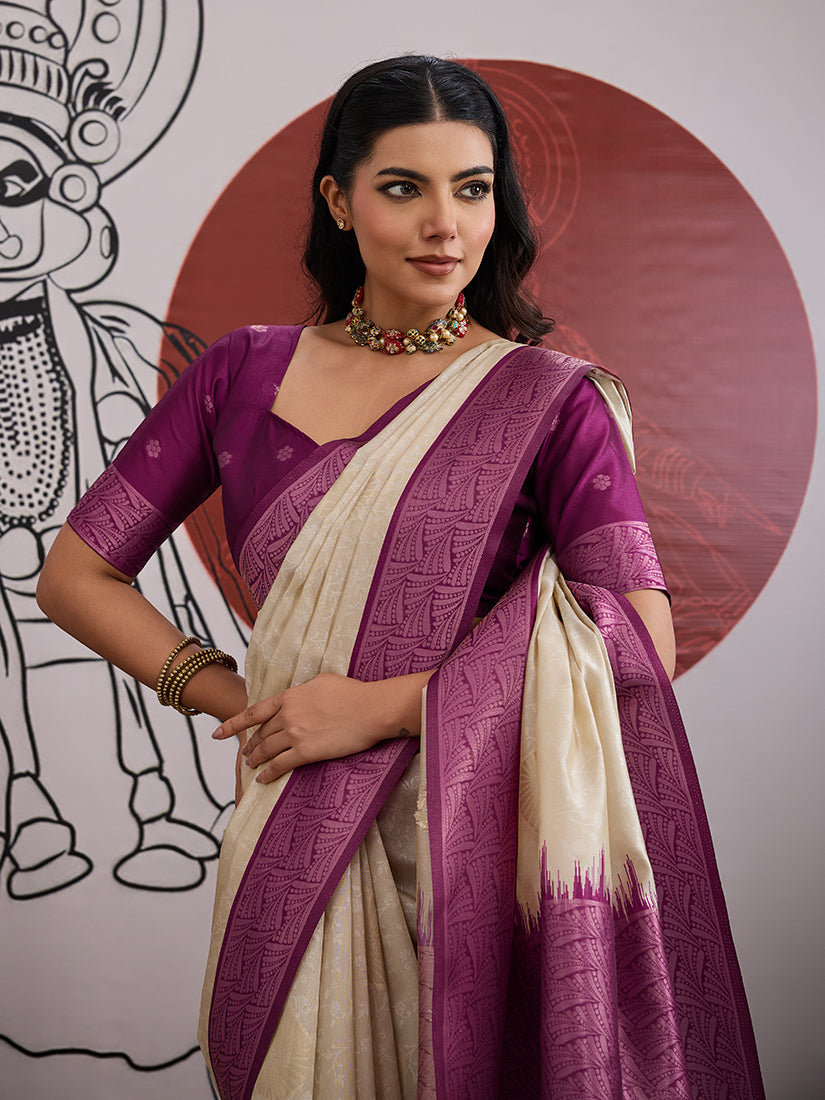 Cream and Wine Handloom Silk Blend Saree - Monjolika Fashion