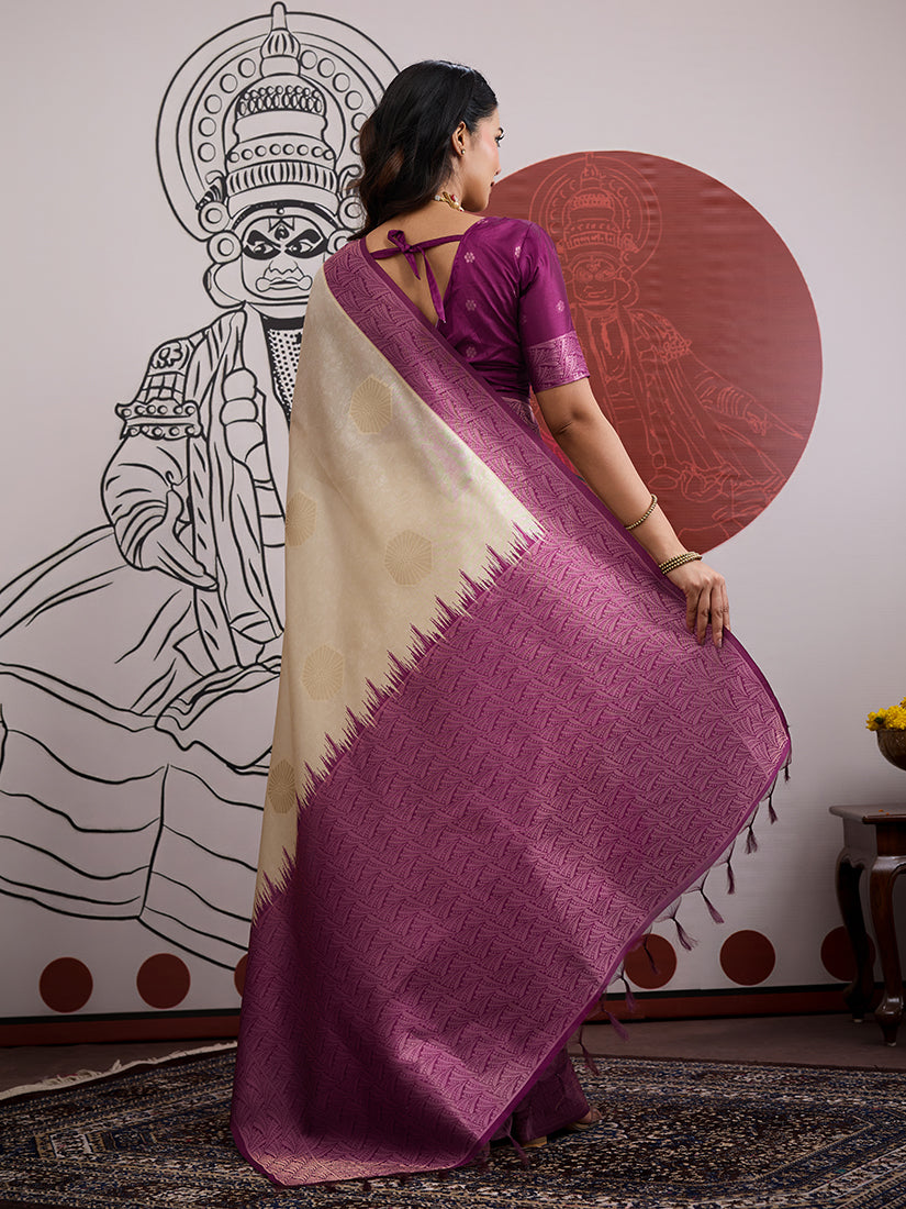 Cream and Wine Handloom Silk Blend Saree - Monjolika Fashion