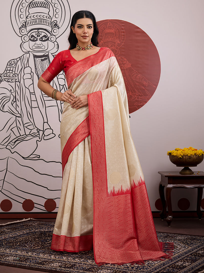 Cream and Red Handloom Weaving Silk Blend Saree - Monjolika Fashion
