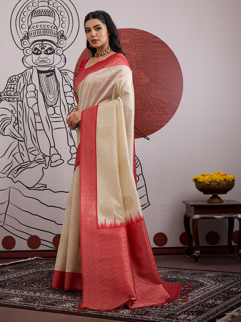 Cream and Red Handloom Weaving Silk Blend Saree - Monjolika Fashion