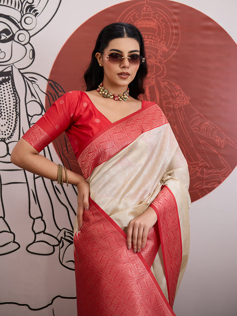 Cream and Red Handloom Weaving Silk Blend Saree - Monjolika Fashion