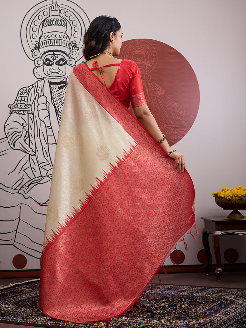 Cream and Red Handloom Weaving Silk Blend Saree - Monjolika Fashion