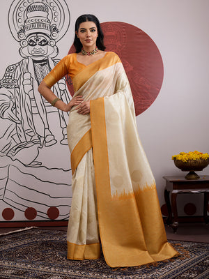 Cream and Orange Handloom Weaving Silk Blend Saree