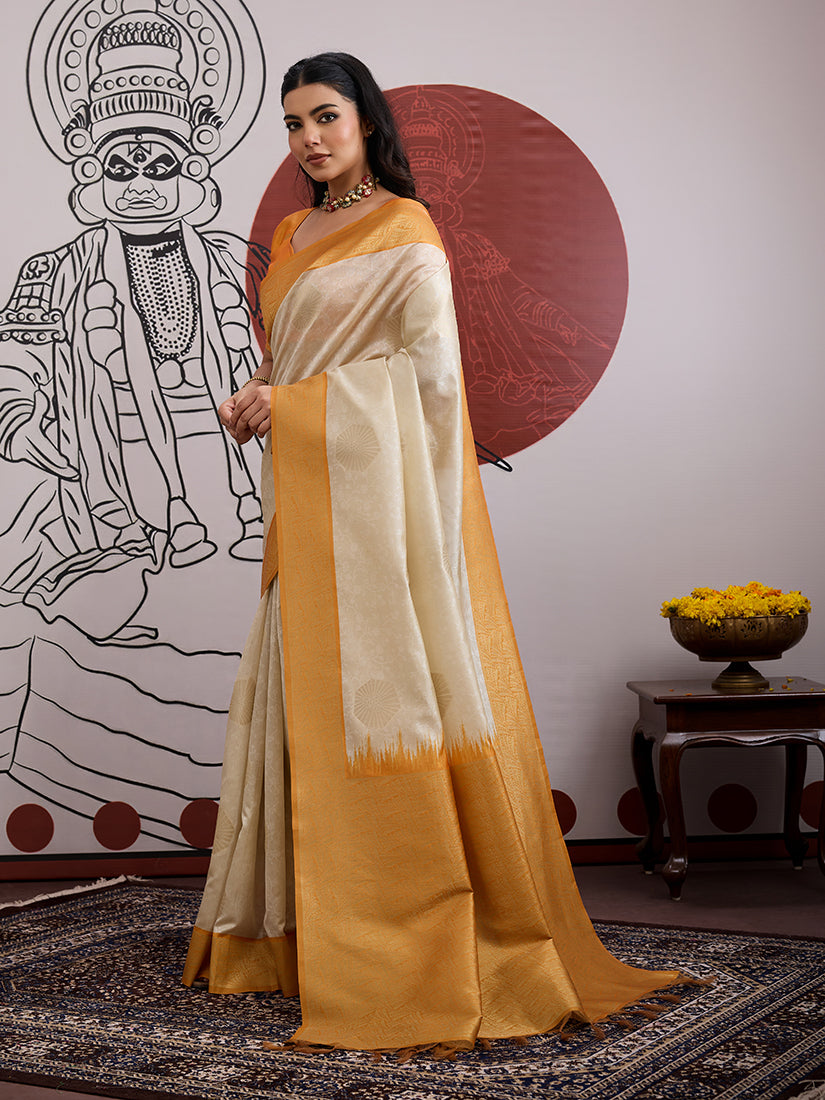 Cream and Orange Handloom Weaving Silk Blend Saree - Monjolika Fashion